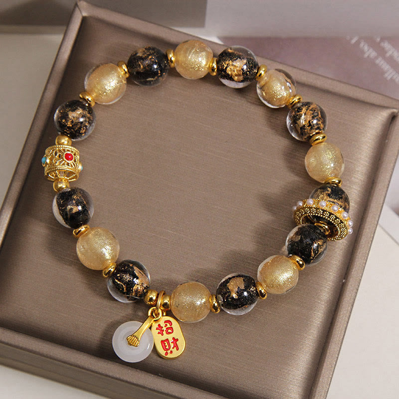 Wear FengShui Black Gold Liuli Glass Bead Attracts Wealth Peace Buckle Blessing Bracelet