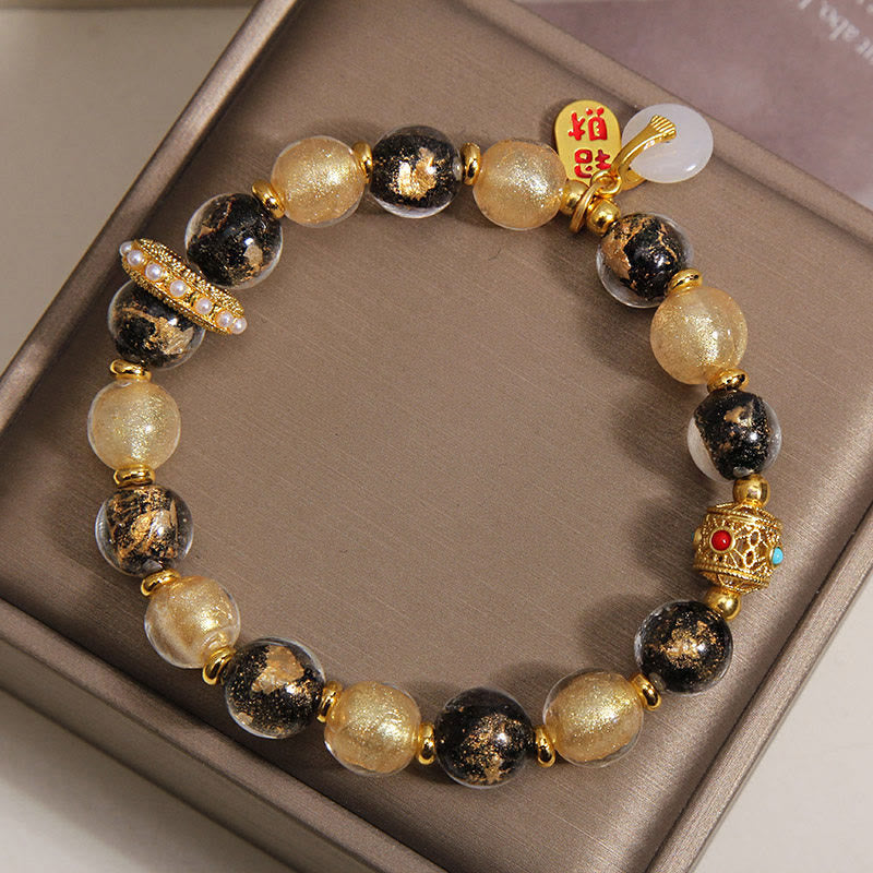 Wear FengShui Black Gold Liuli Glass Bead Attracts Wealth Peace Buckle Blessing Bracelet