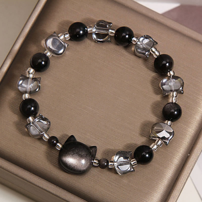 Wear FengShui Black Obsidian Cat Head Purification Strength Bracelet