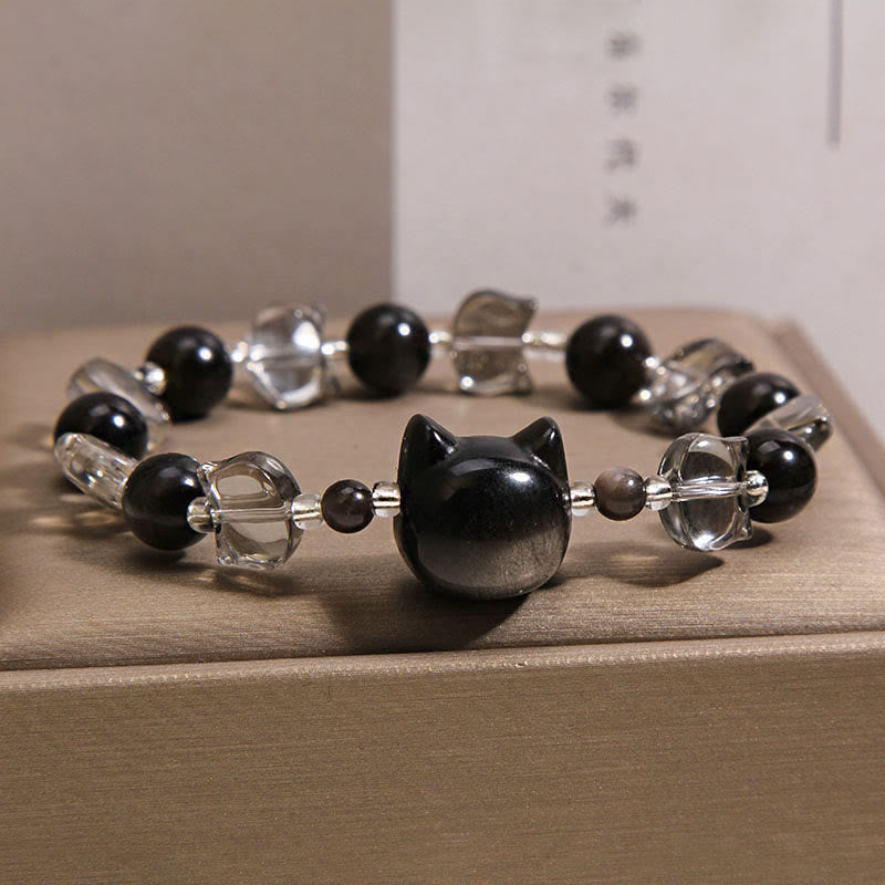 Wear FengShui Black Obsidian Cat Head Purification Strength Bracelet