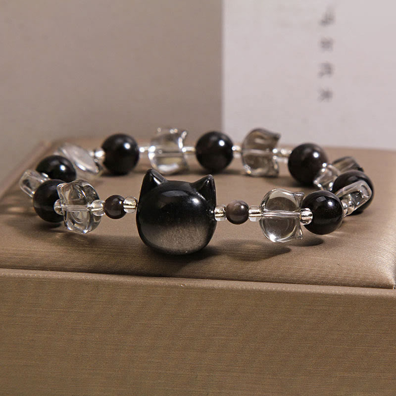 Wear FengShui Black Obsidian Cat Head Purification Strength Bracelet