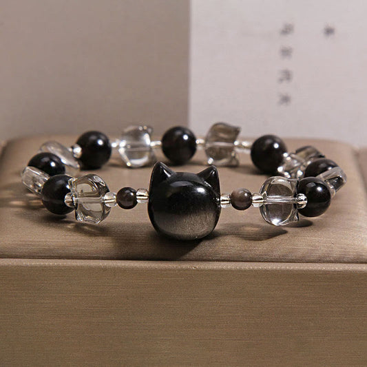 Wear FengShui Black Obsidian Cat Head Purification Strength Bracelet