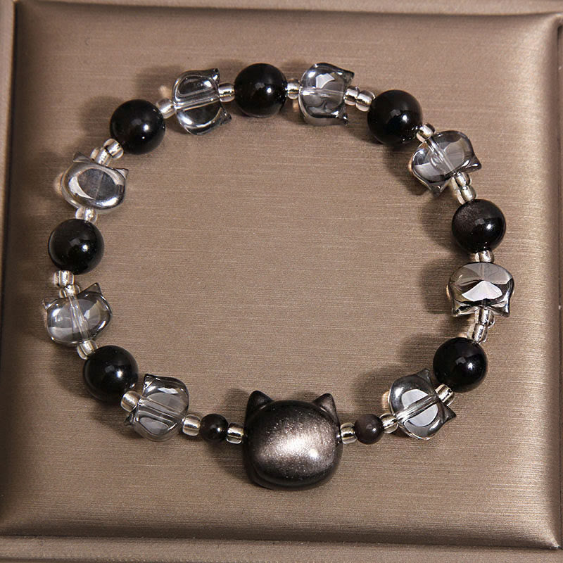 Wear FengShui Black Obsidian Cat Head Purification Strength Bracelet