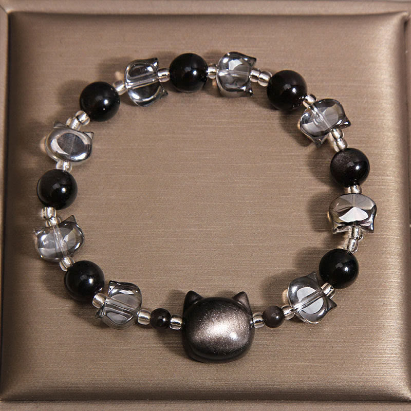 Wear FengShui Black Obsidian Cat Head Purification Strength Bracelet