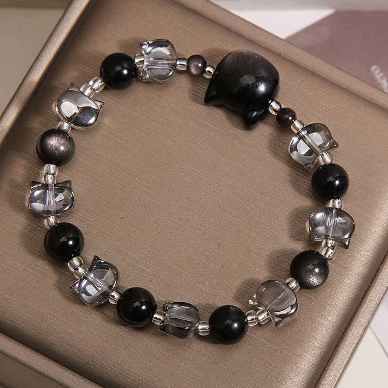 Wear FengShui Black Obsidian Cat Head Purification Strength Bracelet