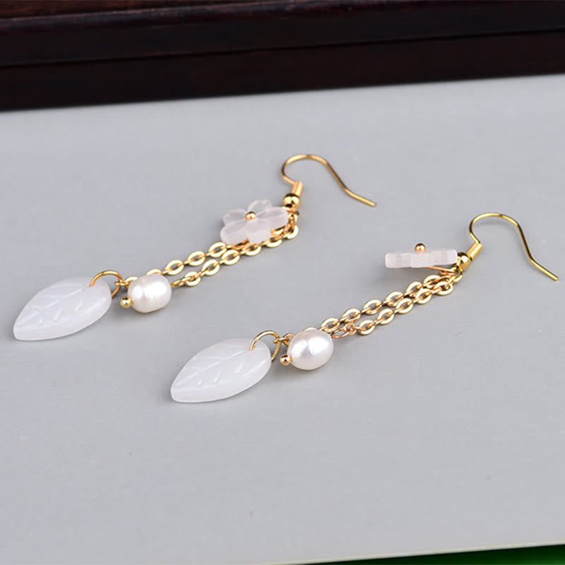 Wear FengShui Pearl White Flower Leaves Happiness Drop Earrings