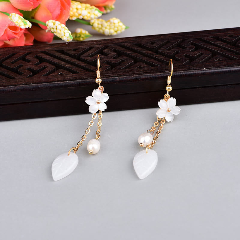 Wear FengShui Pearl White Flower Leaves Happiness Drop Earrings