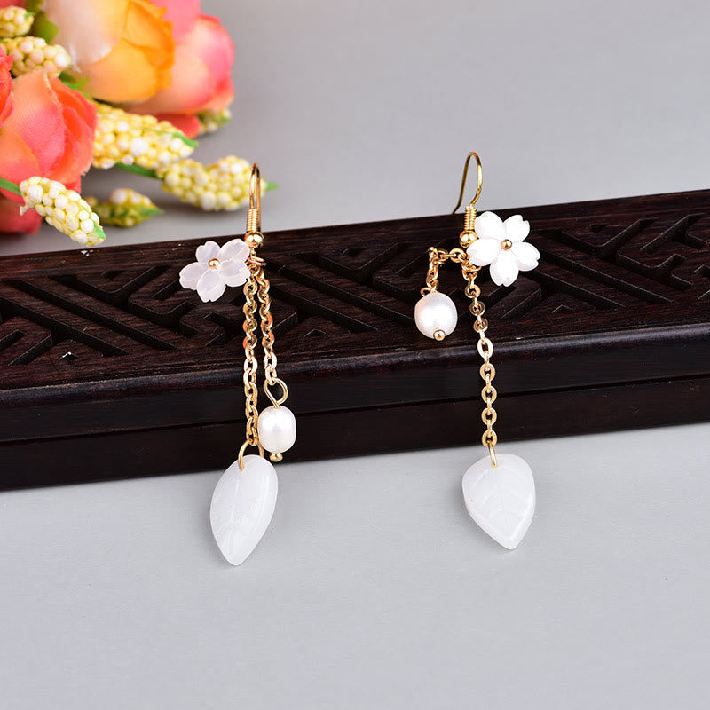 Wear FengShui Pearl White Flower Leaves Happiness Drop Earrings