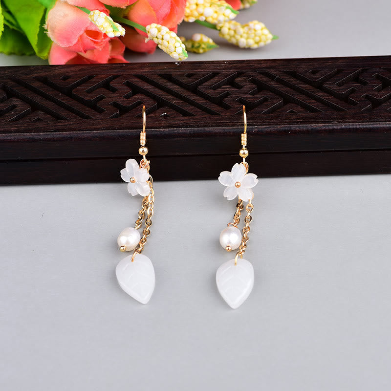Wear FengShui Pearl White Flower Leaves Happiness Drop Earrings