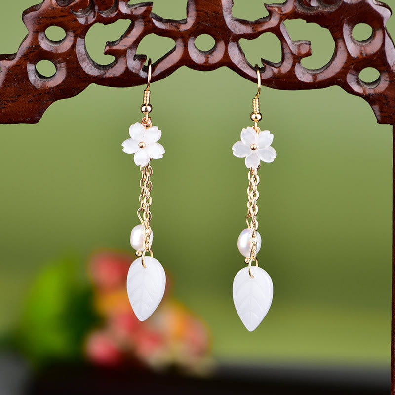 Wear FengShui Pearl White Flower Leaves Happiness Drop Earrings