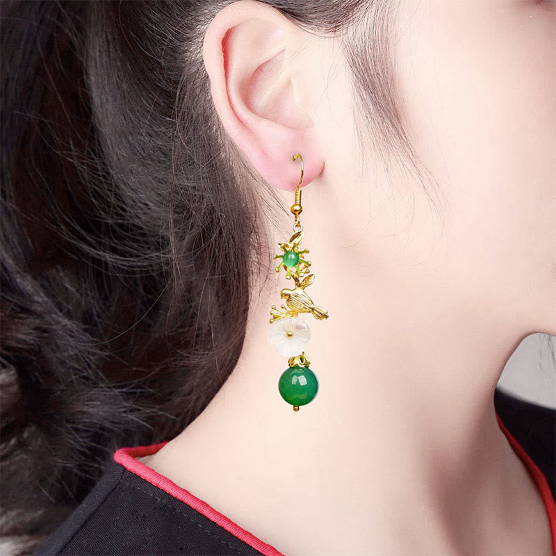 Wear FengShui Green Agate Bead White Flower Bird Power Drop Earrings