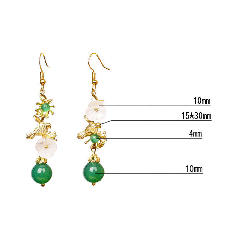 Wear FengShui Green Agate Bead White Flower Bird Power Drop Earrings