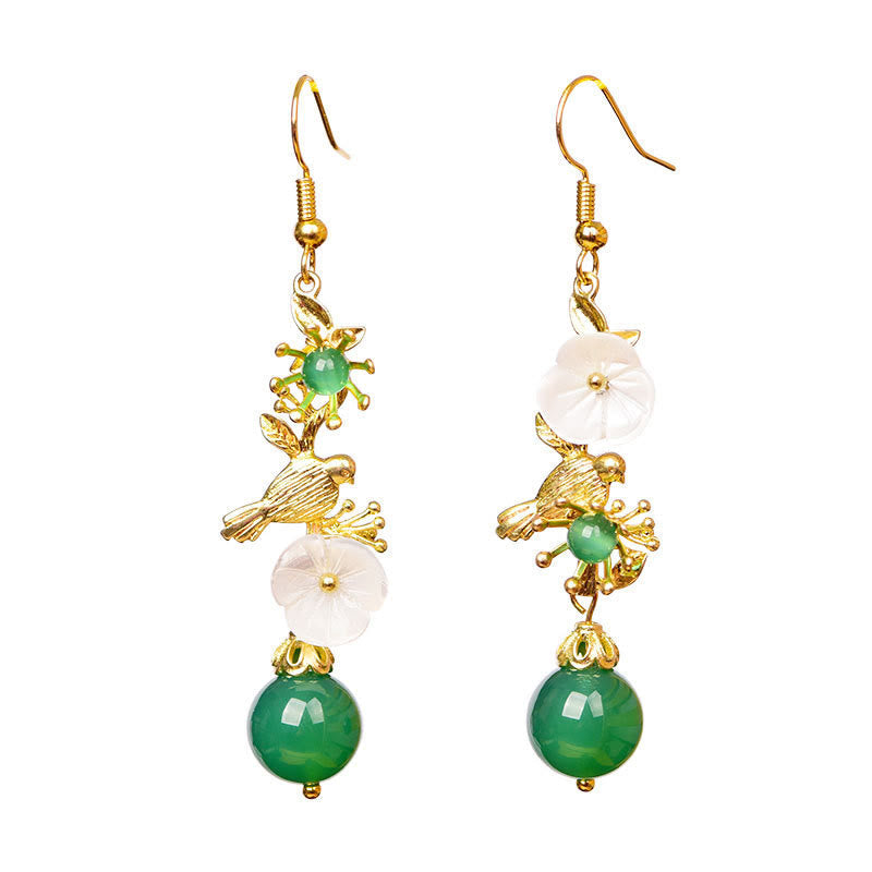 Wear FengShui Green Agate Bead White Flower Bird Power Drop Earrings
