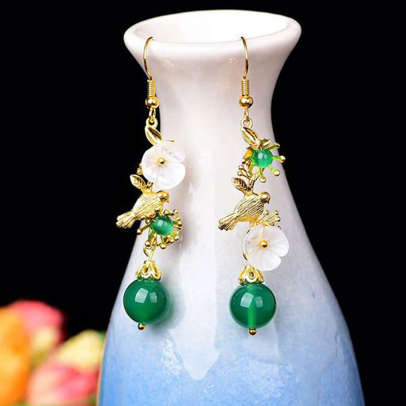Wear FengShui Green Agate Bead White Flower Bird Power Drop Earrings