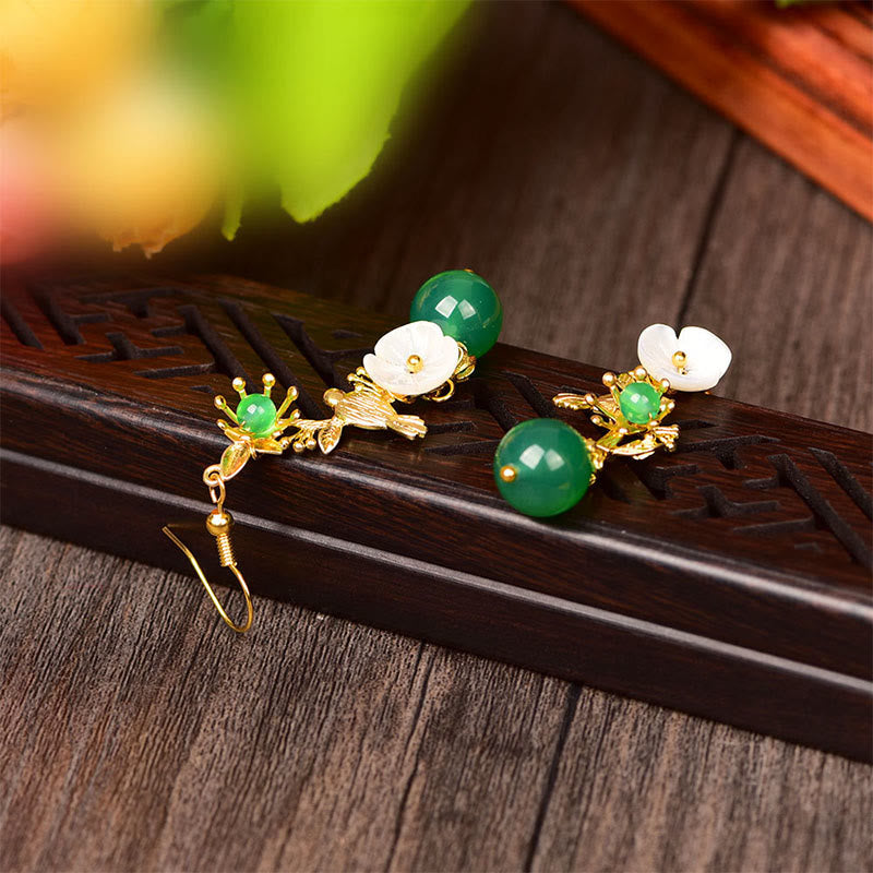 Wear FengShui Green Agate Bead White Flower Bird Power Drop Earrings