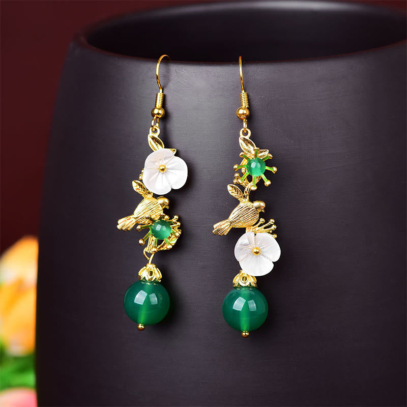 Wear FengShui Green Agate Bead White Flower Bird Power Drop Earrings