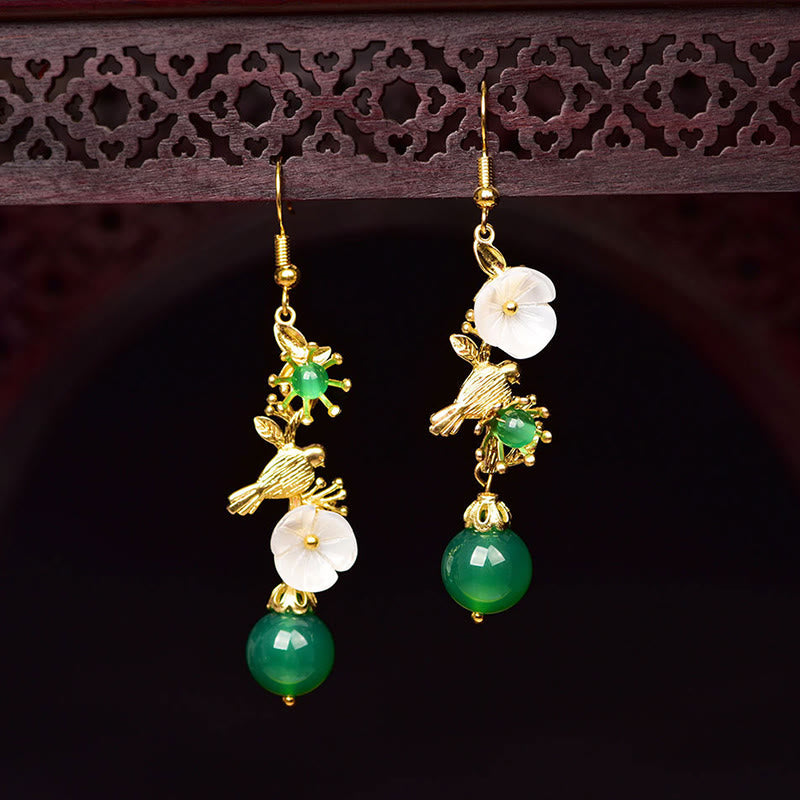 Wear FengShui Green Agate Bead White Flower Bird Power Drop Earrings