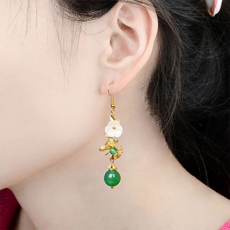 Wear FengShui Green Agate Bead White Flower Bird Power Drop Earrings