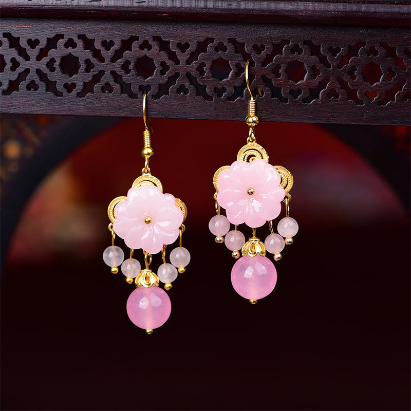 Wear FengShui Green Pink Flower Liuli Glass Drop Earrings