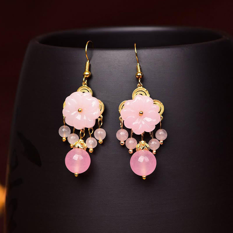 Wear FengShui Green Pink Flower Liuli Glass Drop Earrings