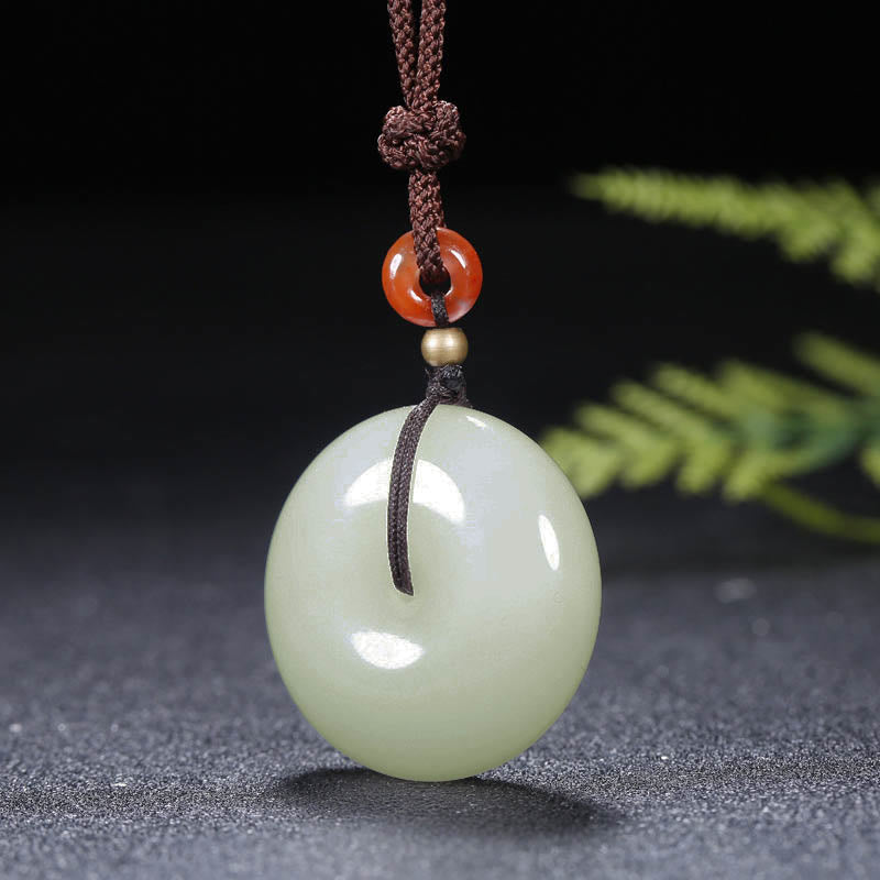 Wear FengShui Round Hetian White Jade Peace Buckle Blessing Necklace Pendant