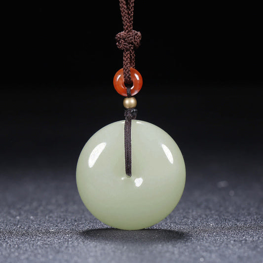 Wear FengShui Round Hetian White Jade Peace Buckle Blessing Necklace Pendant