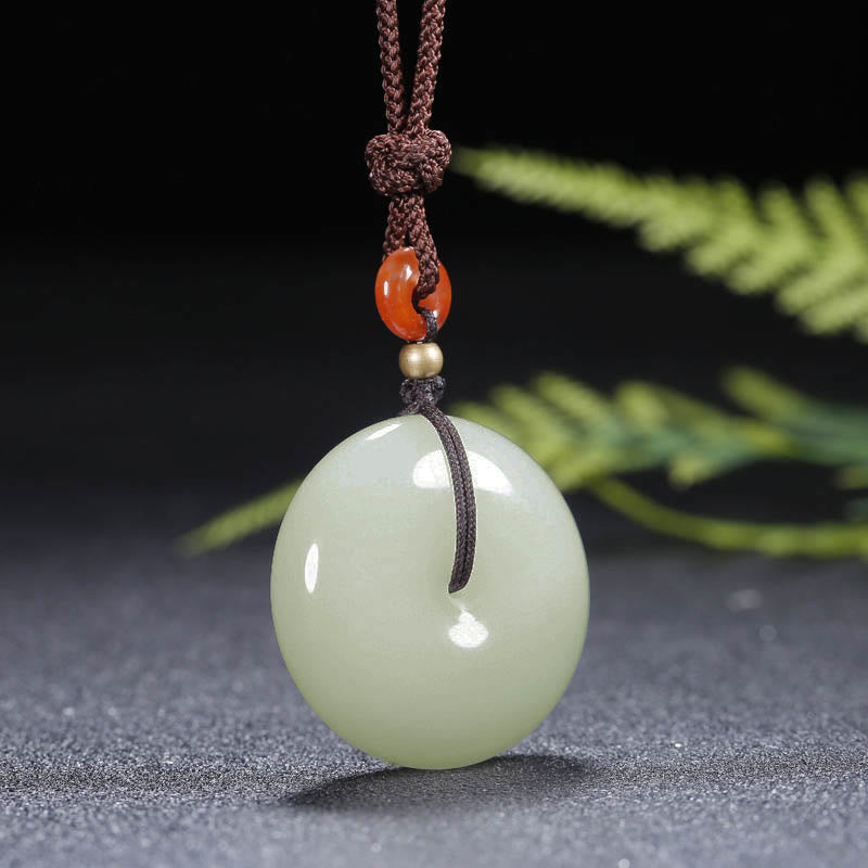 Wear FengShui Round Hetian White Jade Peace Buckle Blessing Necklace Pendant