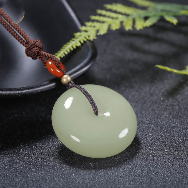 Wear FengShui Round Hetian White Jade Peace Buckle Blessing Necklace Pendant