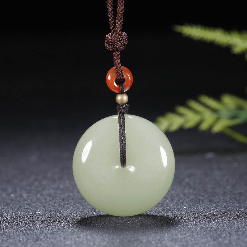 Wear FengShui Round Hetian White Jade Peace Buckle Blessing Necklace Pendant