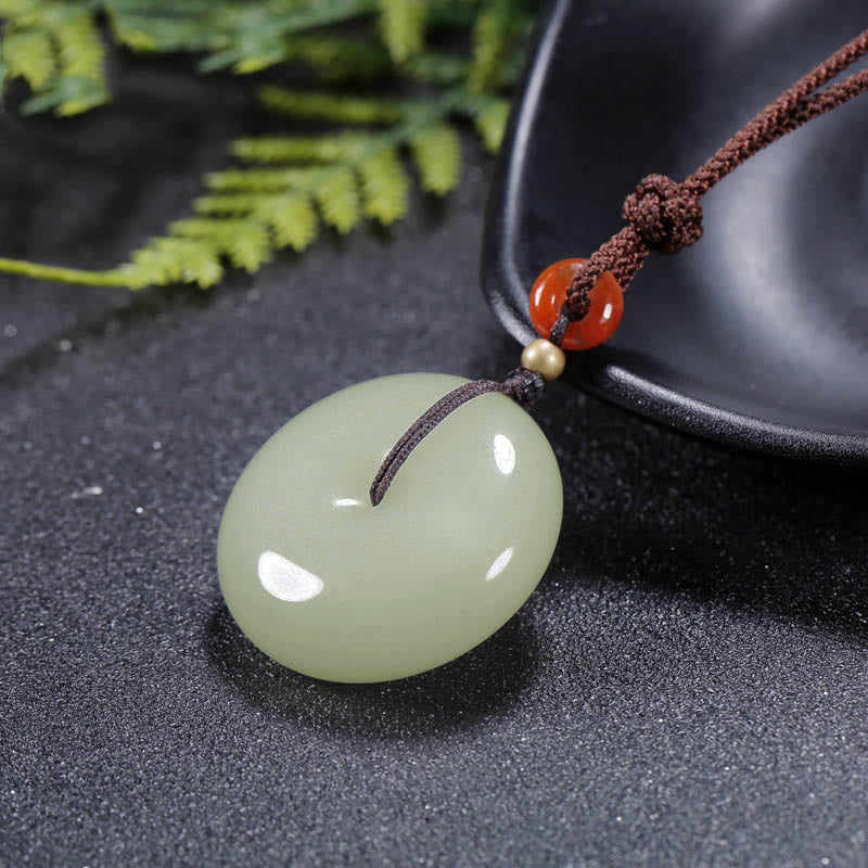 Wear FengShui Round Hetian White Jade Peace Buckle Blessing Necklace Pendant