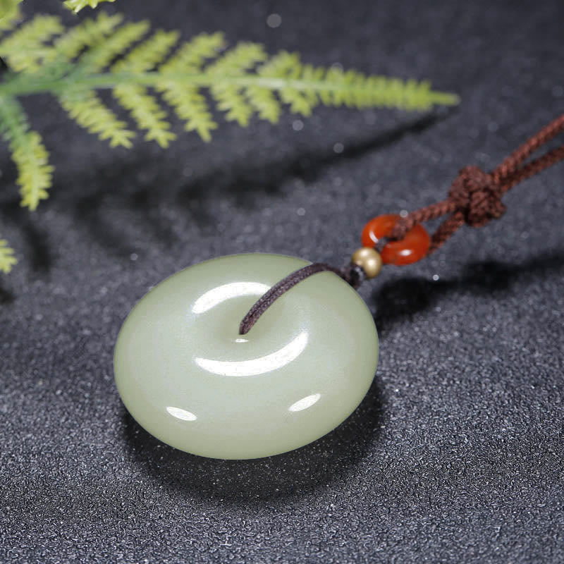 Wear FengShui Round Hetian White Jade Peace Buckle Blessing Necklace Pendant