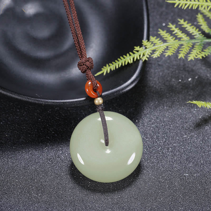 Wear FengShui Round Hetian White Jade Peace Buckle Blessing Necklace Pendant