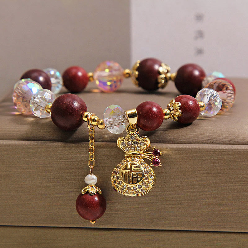 Wear FengShui Sandalwood Fu Character Lucky Fortune Money Bag Charm Protection Bracelet