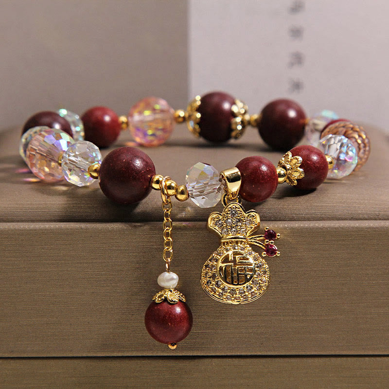Wear FengShui Sandalwood Fu Character Lucky Fortune Money Bag Charm Protection Bracelet