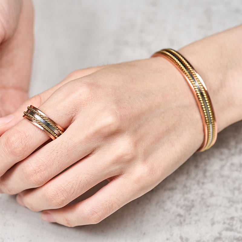 Wear FengShui Retro Twisted Design Copper Open Wealth Luck Cuff Bracelet Bangle Ring