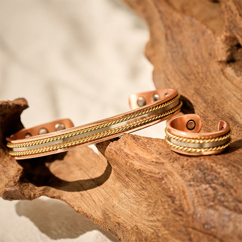 Wear FengShui Retro Twisted Design Copper Open Wealth Luck Cuff Bracelet Bangle Ring