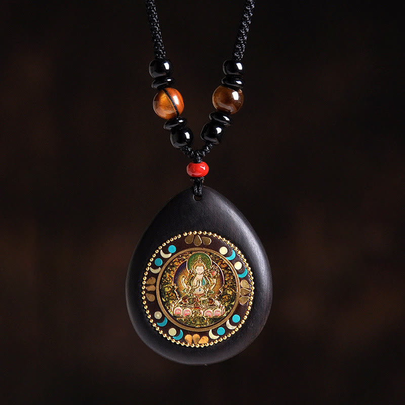 Wear FengShui Chinese Zodiac Natal Buddha Ebony Wood Tiger Eye Black Onyx Calm Necklace Pendants