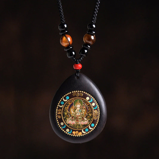 Wear FengShui Chinese Zodiac Natal Buddha Ebony Wood Tiger Eye Black Onyx Calm Necklace Pendants