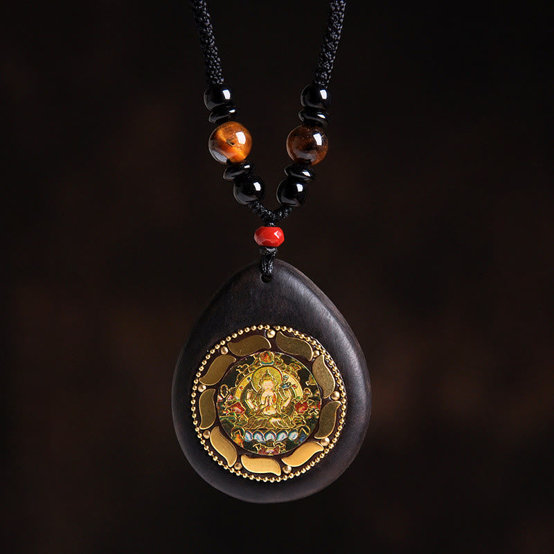 Wear FengShui Chinese Zodiac Natal Buddha Ebony Wood Tiger Eye Black Onyx Calm Necklace Pendants