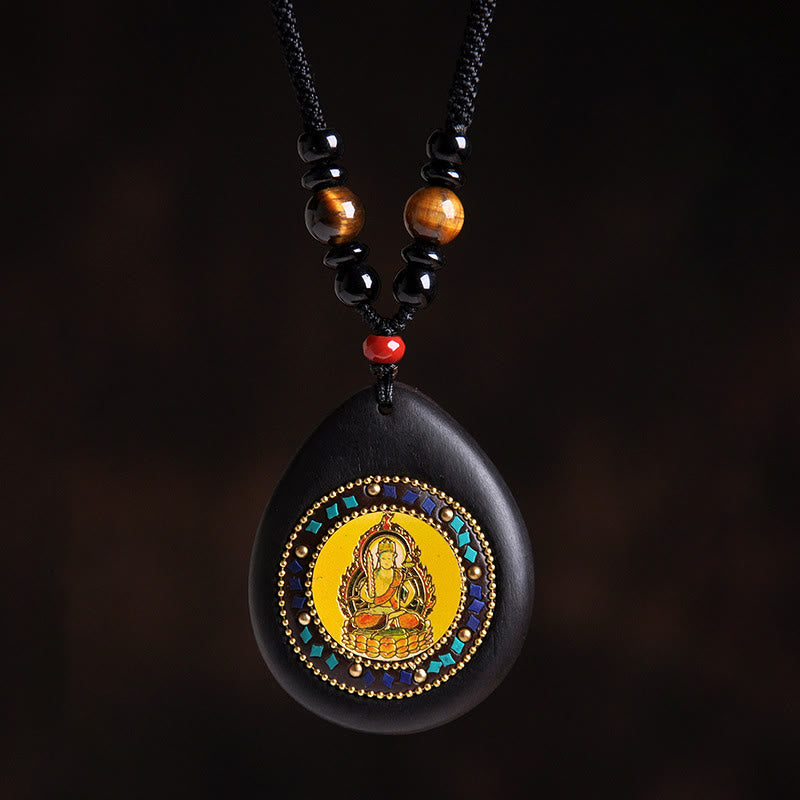 Wear FengShui Chinese Zodiac Natal Buddha Ebony Wood Tiger Eye Black Onyx Calm Necklace Pendants
