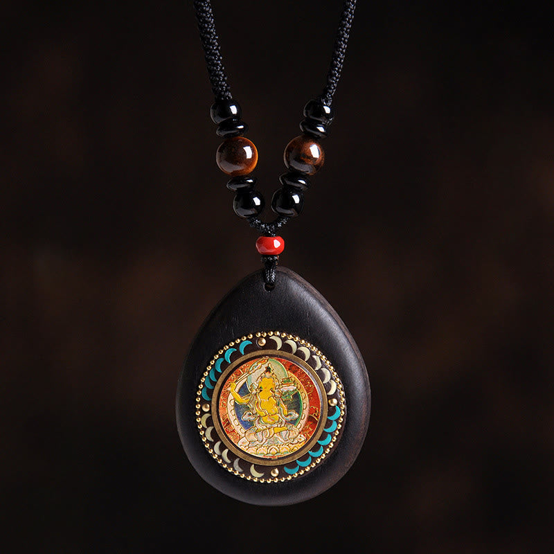 Wear FengShui Chinese Zodiac Natal Buddha Ebony Wood Tiger Eye Black Onyx Calm Necklace Pendants