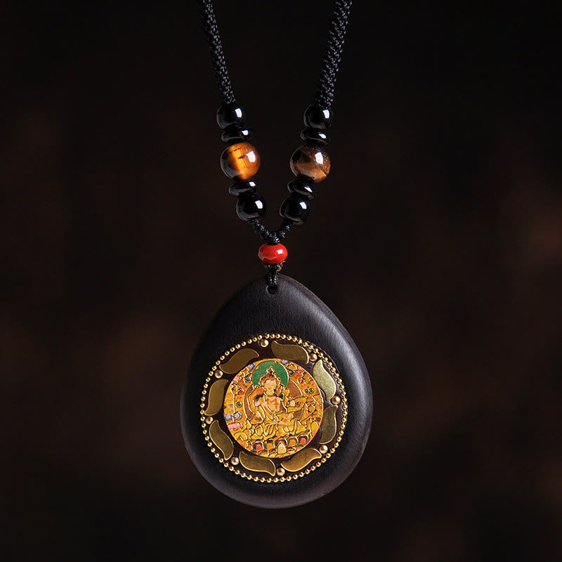 Wear FengShui Chinese Zodiac Natal Buddha Ebony Wood Tiger Eye Black Onyx Calm Necklace Pendants