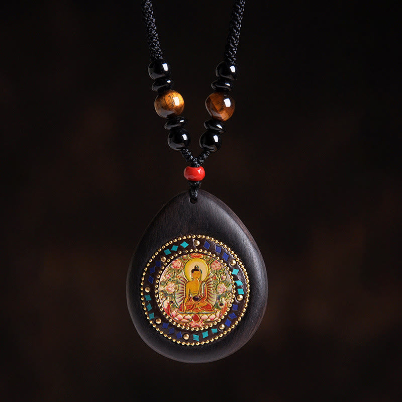 Wear FengShui Chinese Zodiac Natal Buddha Ebony Wood Tiger Eye Black Onyx Calm Necklace Pendants