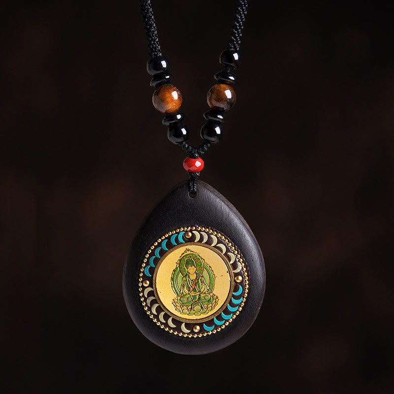 Wear FengShui Chinese Zodiac Natal Buddha Ebony Wood Tiger Eye Black Onyx Calm Necklace Pendants