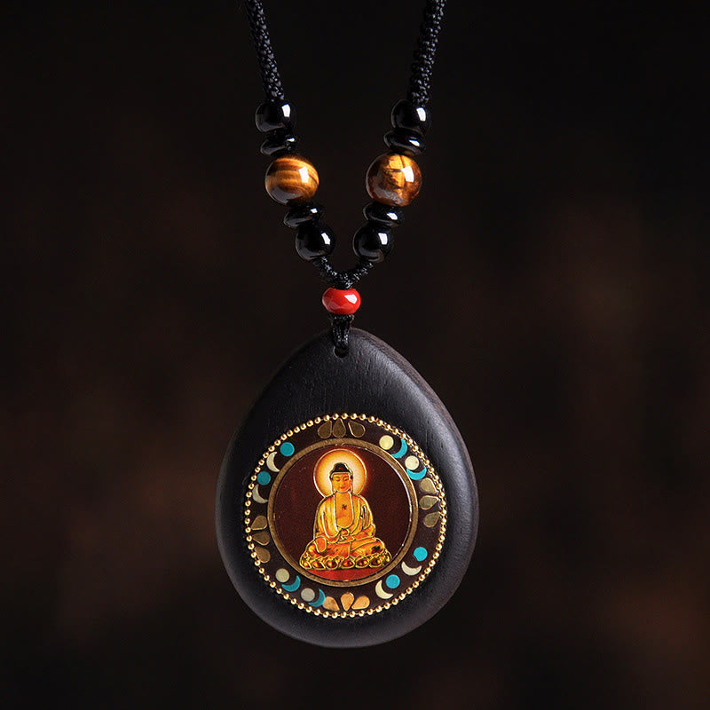 Wear FengShui Chinese Zodiac Natal Buddha Ebony Wood Tiger Eye Black Onyx Calm Necklace Pendants