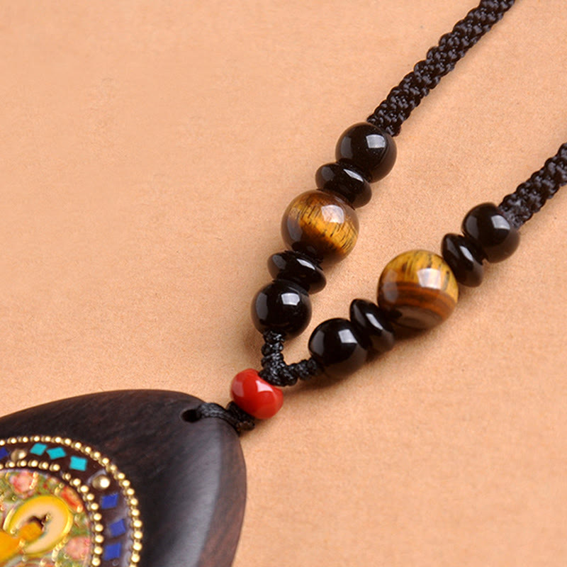 Wear FengShui Chinese Zodiac Natal Buddha Ebony Wood Tiger Eye Black Onyx Calm Necklace Pendants
