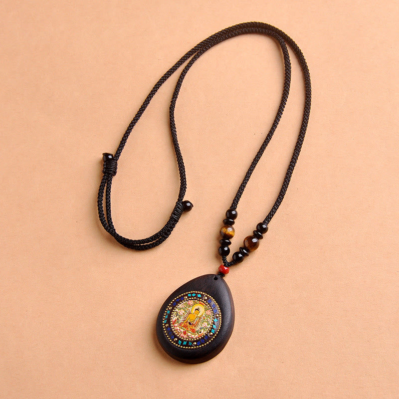 Wear FengShui Chinese Zodiac Natal Buddha Ebony Wood Tiger Eye Black Onyx Calm Necklace Pendants