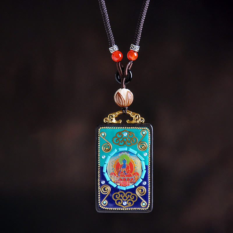 Wear FengShui Medicine Buddha Ebony Wood Peace Necklace Pendant