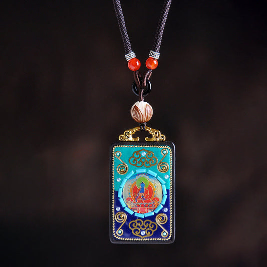 Wear FengShui Medicine Buddha Ebony Wood Peace Necklace Pendant