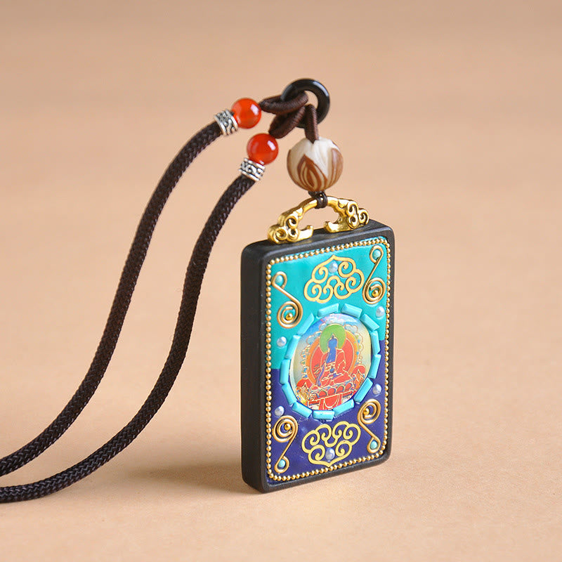 Wear FengShui Medicine Buddha Ebony Wood Peace Necklace Pendant